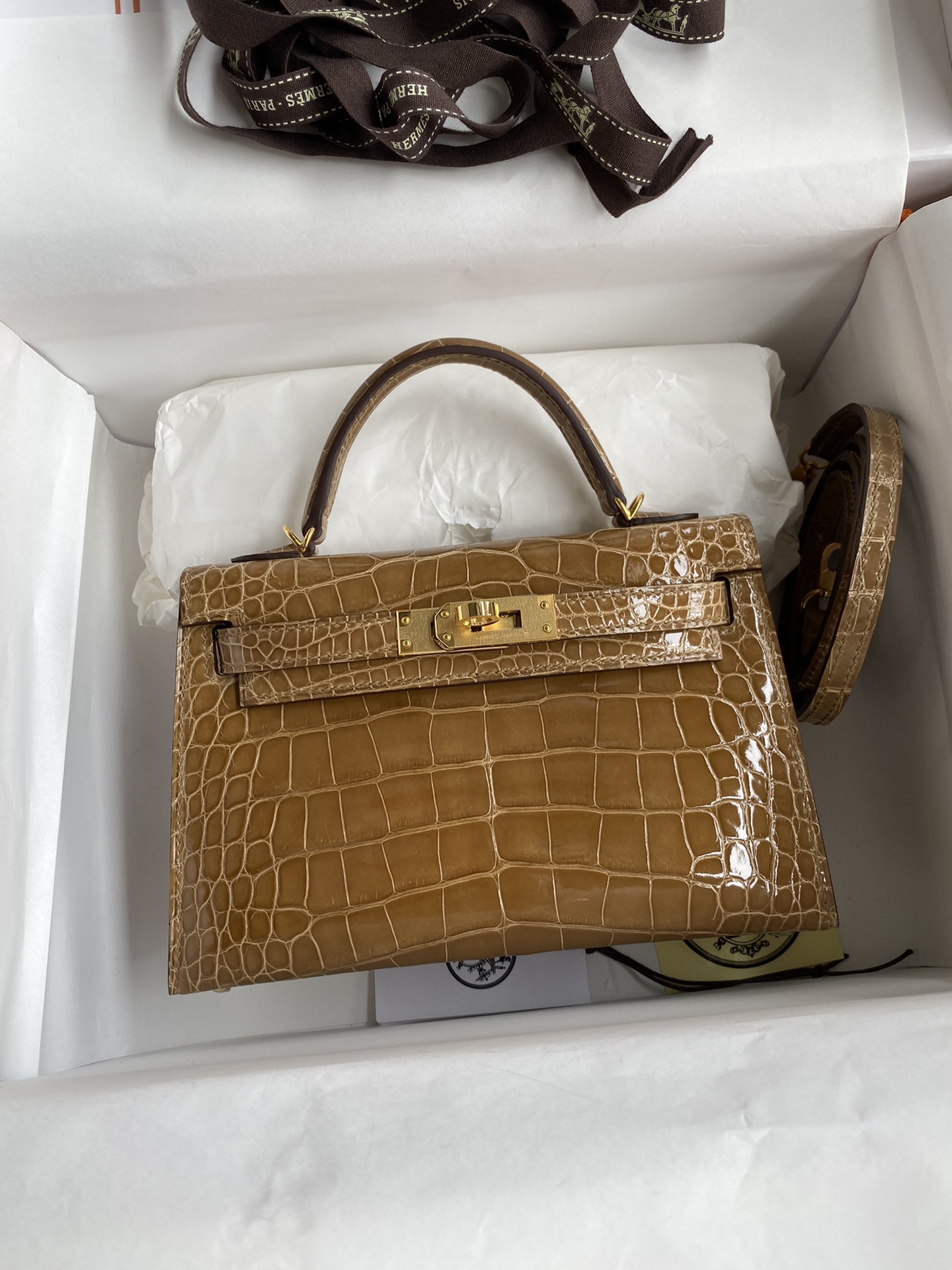 Hermes Kelly Mini II Bag 19CM In Ficelle Shiny Alligator Leather